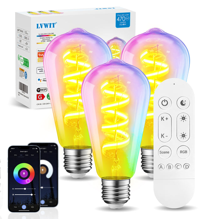 LVWIT E27 Smart Filament Bulb,Alexa Dimmable LED Color Changing Light Bulb,ST64 E27 WiFi RGB Smart Bulb,Compatible with Alexa,Echo and Google Assistant Including Remote Control (3 PCS)