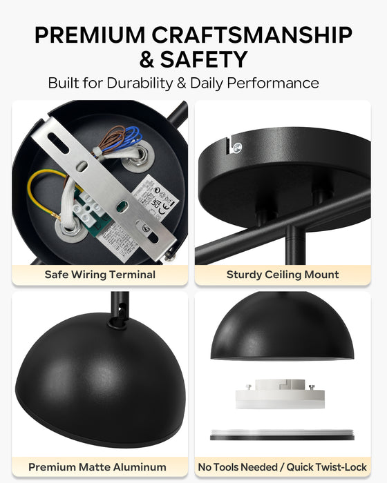 LVWIT Luminaire Plafonnier LED 3 Spots Noir, Spots de Plafond Abat-jour Hémisphérique, Luminaires Intérieur Socle Linéaire Avec ampoule GX53, Convient au Couloir, Cuisine, Chambre