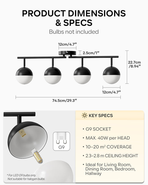 LVWIT Faretto da Soffitto Nero,Faretto 4 Luci attacco G9(Lampadine Escluse) [Classe di efficienza energetica A] Faretti Orientabile, Paralume in Alluminio e PC, per Soggiorno, Sala da Pranzo, Camera da Letto e Corridoio