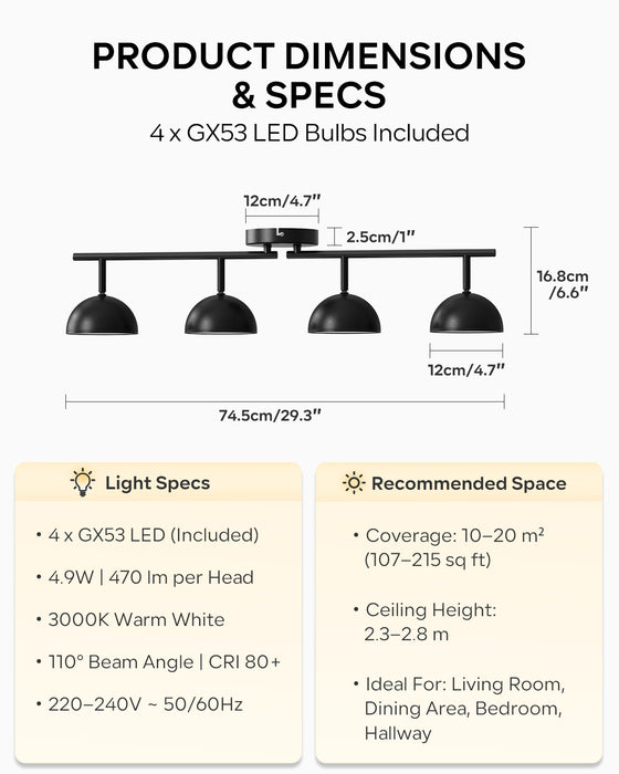 LVWIT Luminaire Plafonnier LED 4 Spots Noir, Spots de Plafond Abat-jour Hémisphérique, Luminaires Intérieur Socle Linéaire Avec ampoule GX53, Convient au Couloir, Cuisine, Chambre