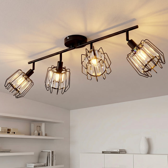 LVWIT Luminaire Plafonnier LED 4 Spots Noir, E14 Spot de Plafond en Cristal, Luminaires Intérieur Orientable, Rampe Spot LED Mural Cuisine, Chambre (Sans Ampoules)