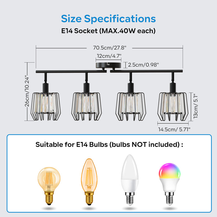 LVWIT Luminaire Plafonnier LED 4 Spots Noir, E14 Spot de Plafond en Cristal, Luminaires Intérieur Orientable, Rampe Spot LED Mural Cuisine, Chambre (Sans Ampoules)