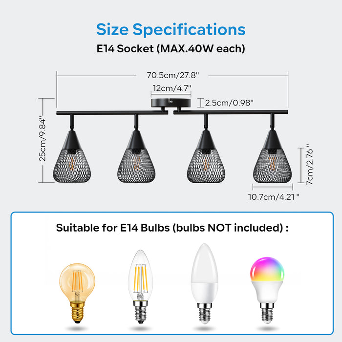 LVWIT Faretti LED da Soffitto Orientabili con 4 Luci E14, Faretto da Interno Moderna, Faretti Soffitto per Barra, Salotto,Cameretta, Cucina (Senza Lampadina) [Classe di efficienza energetica A]