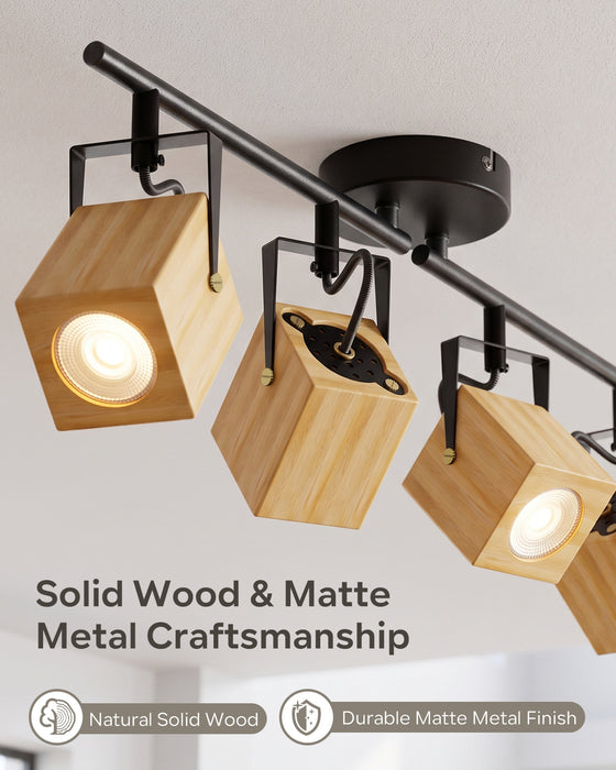 LVWIT Lámpara Techo Con 4 Focos LED Interior, Base GU10, Base negra con pantalla de lámpara de madera, Giratorios Plafón de Techo (Sin Bombillas)