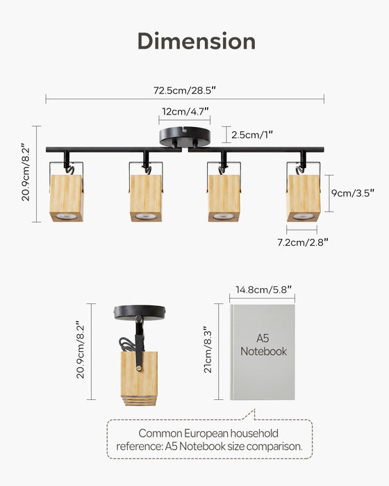 LVWIT 4-flammiger Deckenstrahler Massivholz, GU10 Strahler schwenkbar für Esszimmer, Skandinavische Massivholz Deckenlampe, Moderne Beleuchtung für Küche & Flur(Ohne Leuchtmittel)