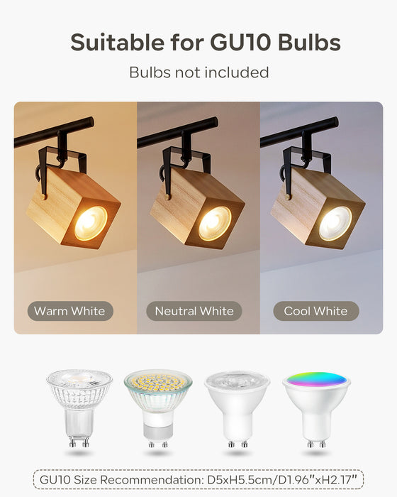 LVWIT Lámpara Techo Con 4 Focos LED Interior, Base GU10, Base negra con pantalla de lámpara de madera, Giratorios Plafón de Techo (Sin Bombillas)