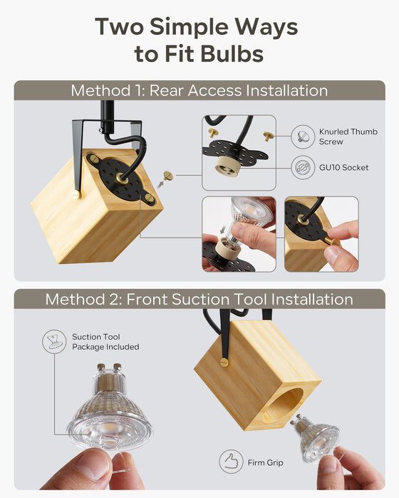 LVWIT Lámpara Techo Con 4 Focos LED Interior, Base GU10, Base negra con pantalla de lámpara de madera, Giratorios Plafón de Techo (Sin Bombillas)