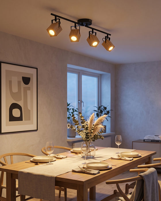 LVWIT Lámpara Techo Con 4 Focos LED Interior, Base GU10, Base negra con pantalla de lámpara de madera, Giratorios Plafón de Techo (Sin Bombillas)