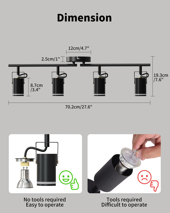 LVWIT Kitchen Ceiling Lights Adjustable,4 Way Ceiling Spotlights GU10,Black Ceiling Light Fittings,Metal Spotlight Bar,Modern Ceiling Lights for Hallway Bedroom Dining Room(NO Bulb) [Energy Class A]