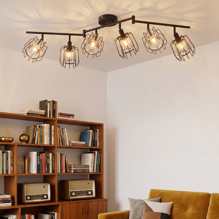 LVWIT Luminaire Plafonnier LED 6 Spots, E14 Luminaires Intérieur Orientable Noir, Spot de Plafond en Cristal, Plafonnier Salon, salle à Manger, Cuisine, Chambre (Sans Ampoules)