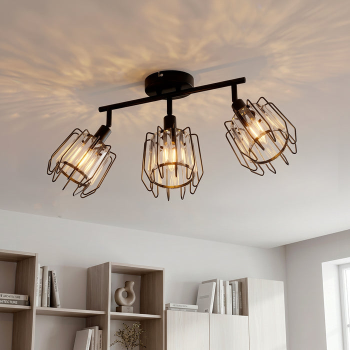 LVWIT Luminaire Plafonnier LED 3 Spots, E14 Luminaires Intérieur Orientable Noir, Rampe Spot LED Mural en Cristal, Spot de Plafond, Couloir, Cuisine (Sans Ampoules)