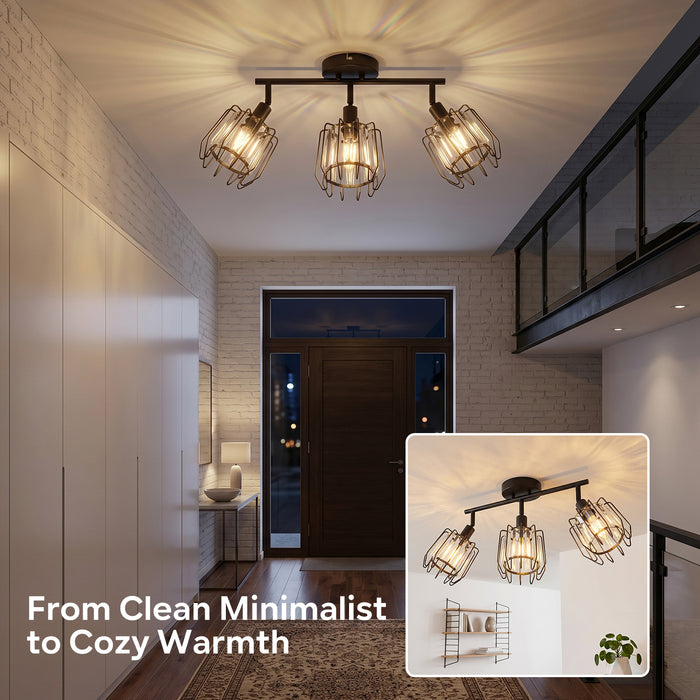 LVWIT Luminaire Plafonnier LED 3 Spots, E14 Luminaires Intérieur Orientable Noir, Rampe Spot LED Mural en Cristal, Spot de Plafond, Couloir, Cuisine (Sans Ampoules)