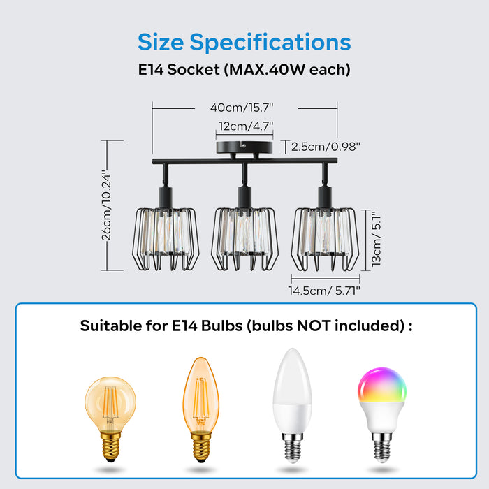 LVWIT Luminaire Plafonnier LED 3 Spots, E14 Luminaires Intérieur Orientable Noir, Rampe Spot LED Mural en Cristal, Spot de Plafond, Couloir, Cuisine (Sans Ampoules)
