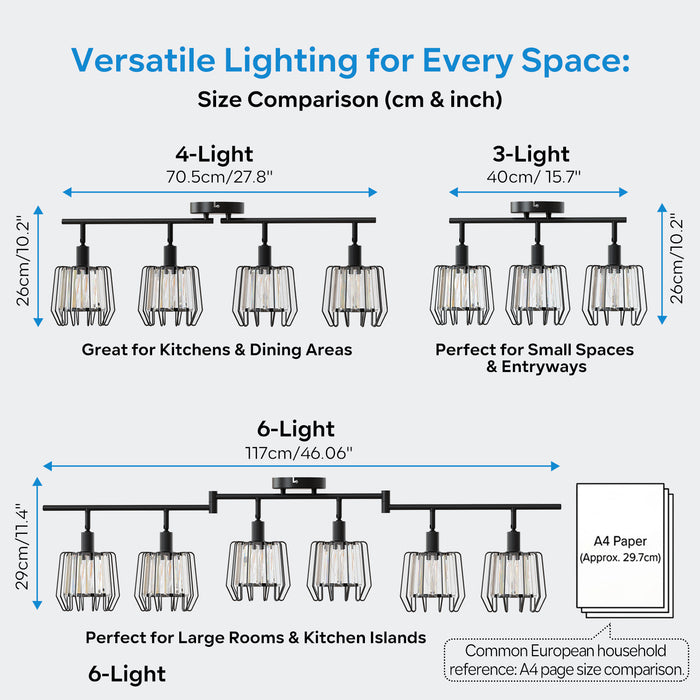 LVWIT Luminaire Plafonnier LED 3 Spots, E14 Luminaires Intérieur Orientable Noir, Rampe Spot LED Mural en Cristal, Spot de Plafond, Couloir, Cuisine (Sans Ampoules)