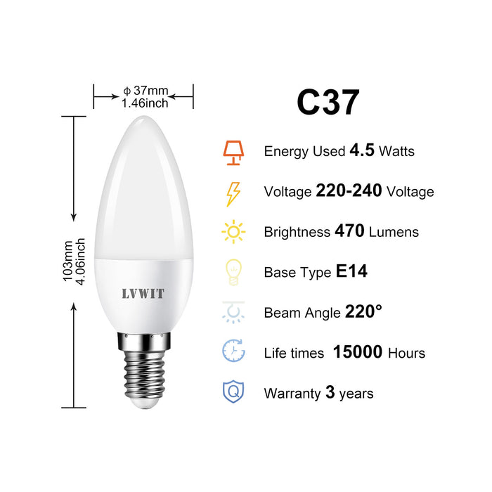LVWIT Lampadina a LED E14 Candela, 4.9W Equivalenti a 40W, 6500K, Luce Bianca Fredda, 470Lm, Forma Candela C37, Risparmio Energetico, Non Dimmerabile, Pacco da 6 Pezzi