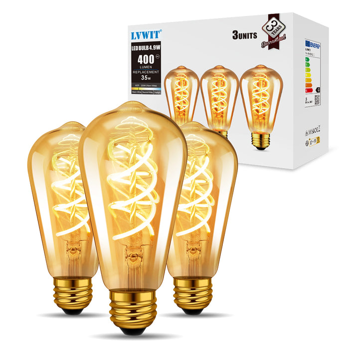 LVWIT Vintage Glühbirne E27 ST64 LED Warmweiss 4.9W 2200K Antike Spiral Filament LED Glühlampe für Nostalgie und Retro Beleuchtung im Haus Café Bar - 3er Pack, Nicht Dimmbar (Aus China)
