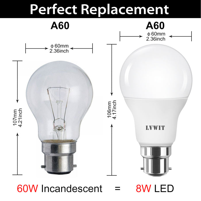 B22 LED Light Bulbs, 806Lm A60 6PCS