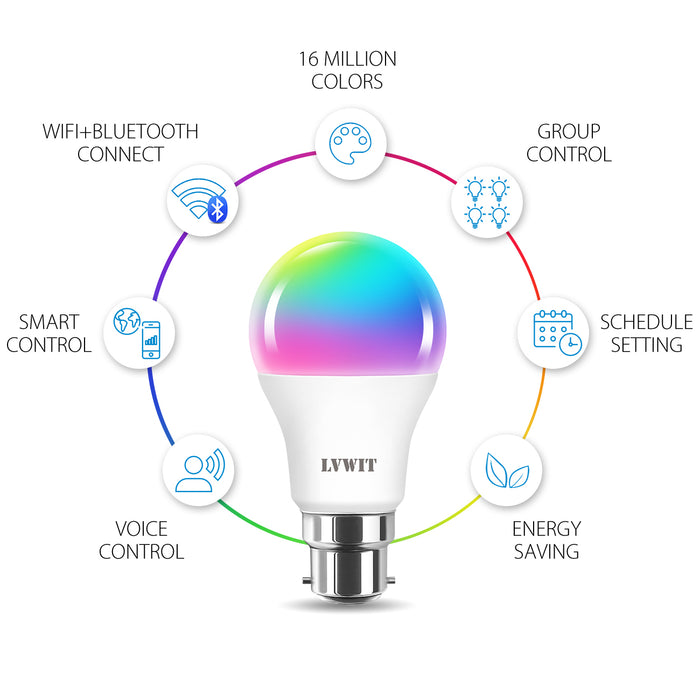 WiFi Bulb B22,1055Lm/806LM , 10W/8.8W Replace 80 /60W, B22 RGB Bulbs Smart Life Bulbs