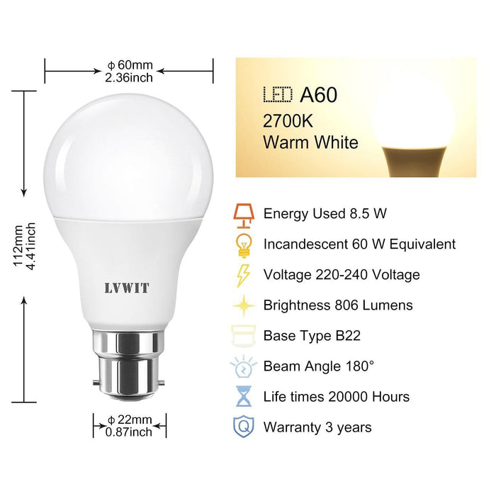 B22 LED Light Bulbs, 806Lm A60 6PCS