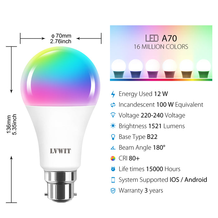 B22 LED WiFi Smart Lampe, A70 1521Lm 2er Pack