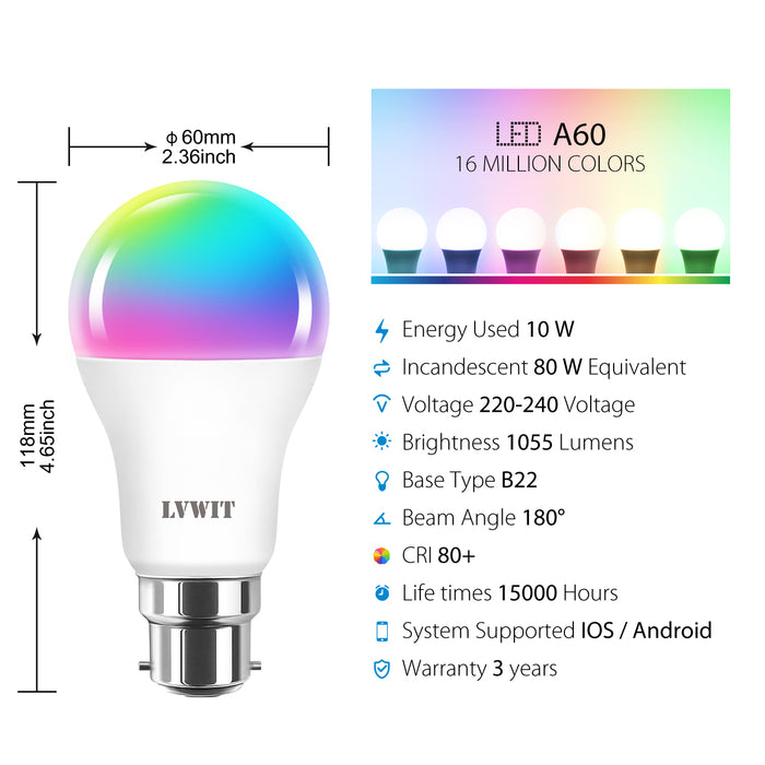 WiFi Bulb B22,1055Lm/806LM , 10W/8.8W Replace 80 /60W, B22 RGB Bulbs Smart Life Bulbs