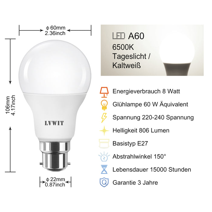 B22 LED Glühbirnen, 806Lm A60 6 Stücke 6500K