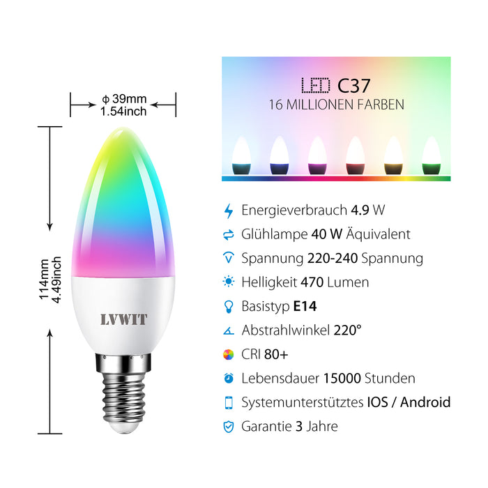 E14 Smart Kerzenlampe, C37 470Lm 2er Pack