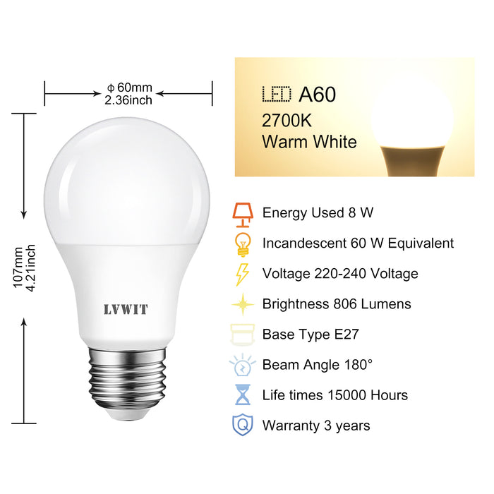 E27 LED Lampadina, 806 Lm A60 2700K 6 Pezzi