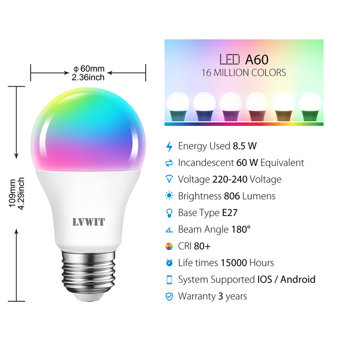 Ampoules Intelligente LED WiFi E27, A60 806Lm