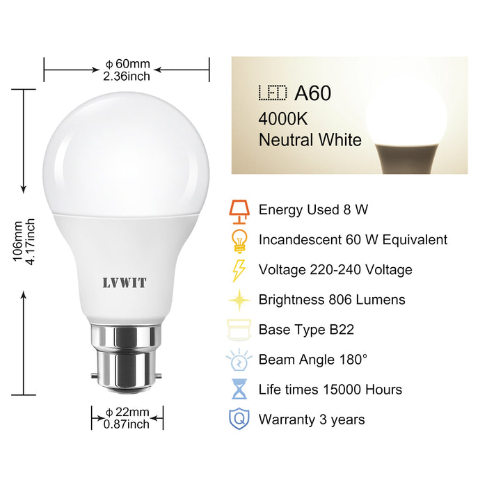 B22 LED Lampadina, 806Lm A60 6 Pezzi 4000K