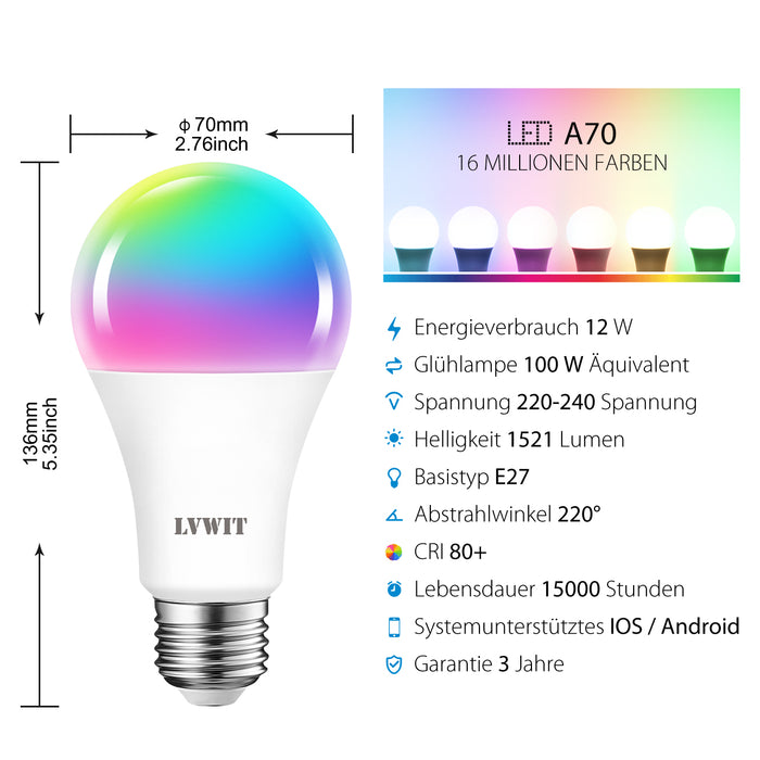 E27 LED WiFi Smart Lampe, A70 1521Lm 2er Pack