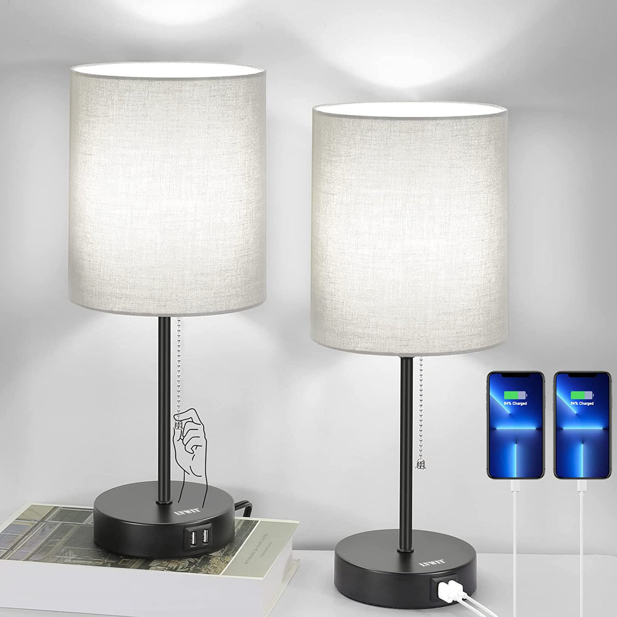LVWIT Table Lamps Set of with USB Charging Ports, Grey Bedside Lamps