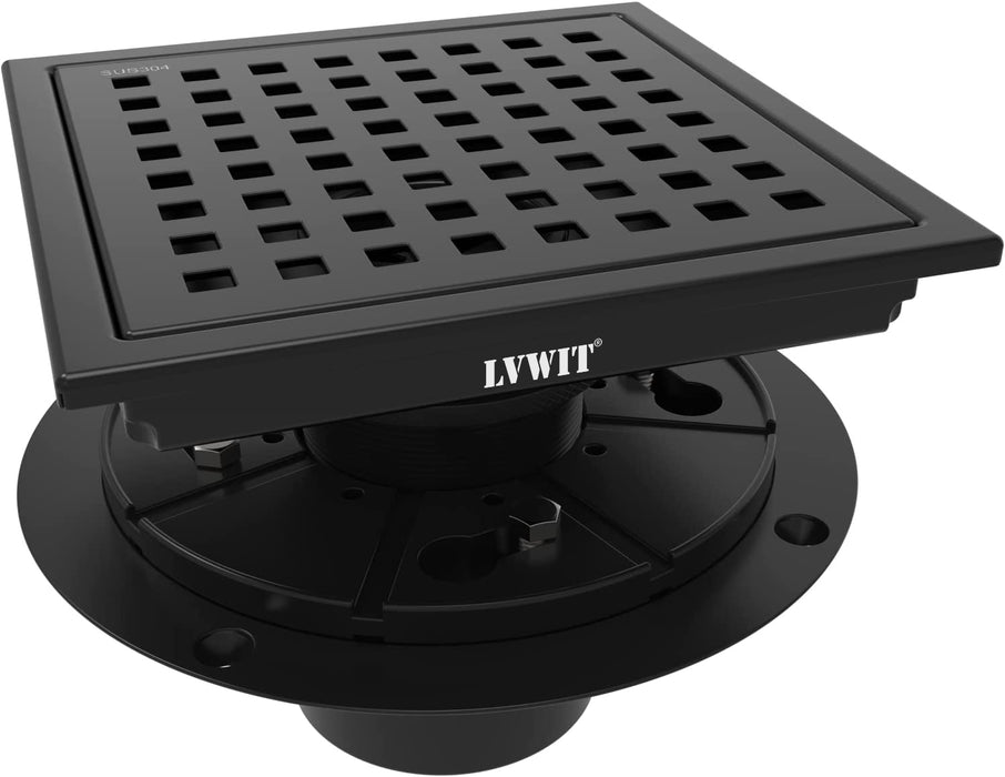 LVWIT 6 Inch Square Shower Floor Drain with Flange,Quadrato Pattern Grate Removable,Food-Grade SUS 304 Stainless Steel,Black