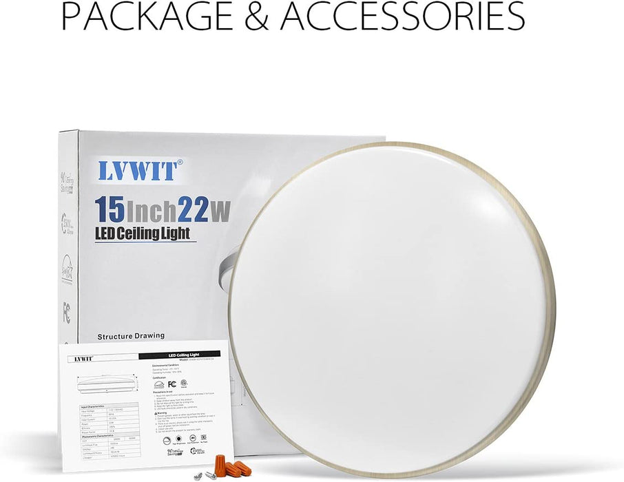 LVWIT 15 Inch LED Ceiling Light, Dimmable, 22W (160W Equivalent), 3000K Soft White, 1500 Lumens, Round Flush Mount Light, ETL Listed