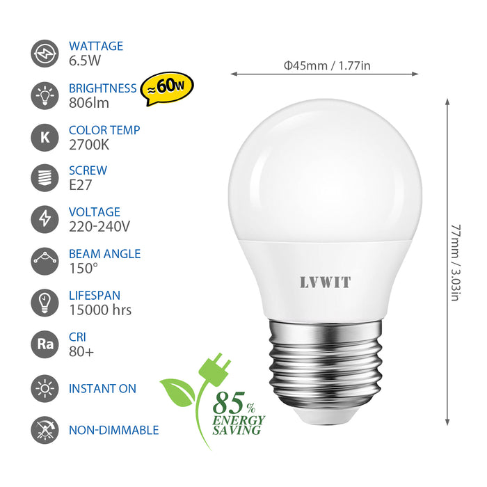 E27 LED Ampoule LED 2700K, G45 806Lm