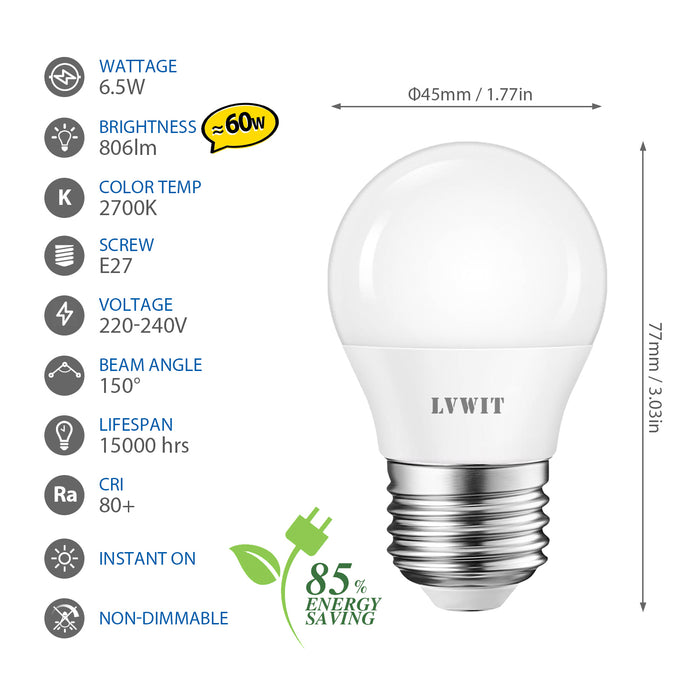 LVWIT E27 Edison Screw Golf Ball Bulb, 6.5W G45 60W Equivalent, 806 Lumen 6500K/ 2700K