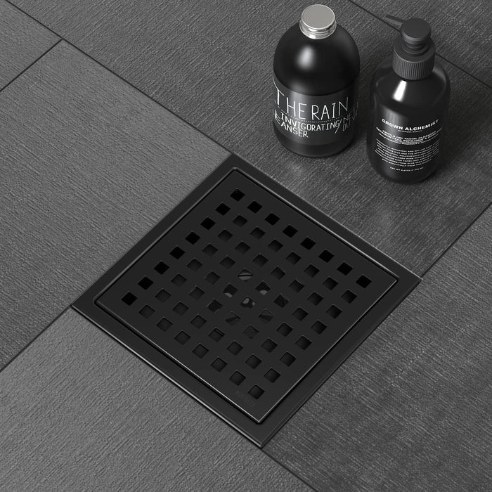 LVWIT 6 Inch Square Shower Floor Drain with Flange,Quadrato Pattern Grate Removable,Food-Grade SUS 304 Stainless Steel,Black