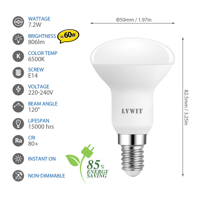 E14 LED Lampadina 6500K, R50 806Lm