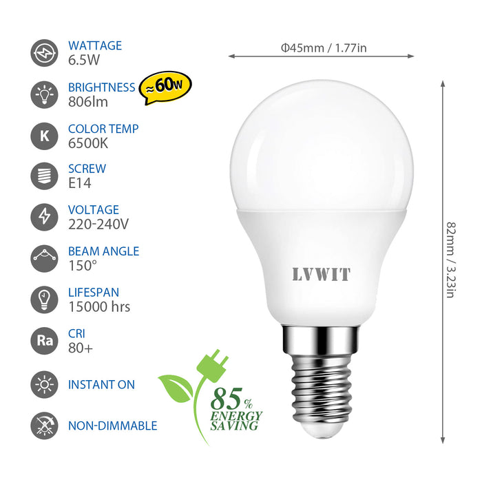 E14 Golf Ball LED Light Bulb ,6.5W P45/G45 Golf Ball Bulbs 60W Equivalent,806Lm,6500K