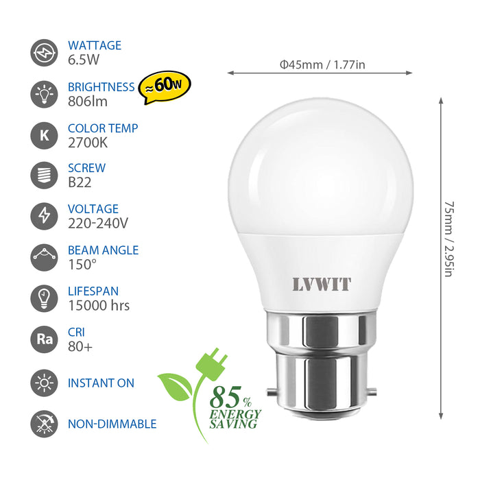 B22 LED Lampadina 2700K, G45 806Lm