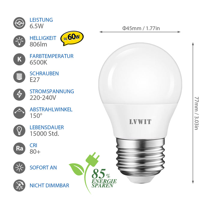 LVWIT E27 LED 6.5W ersetzt 60W Glühlampen G45 6500K [Energieklasse E]