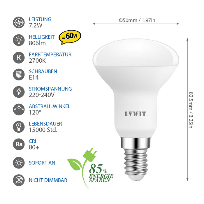 LVWIT E14 LED Reflektorlampe 7.2W, 806LM