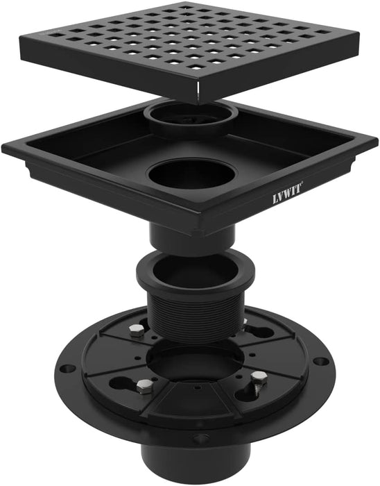 LVWIT 6 Inch Square Shower Floor Drain with Flange,Quadrato Pattern Grate Removable,Food-Grade SUS 304 Stainless Steel,Black