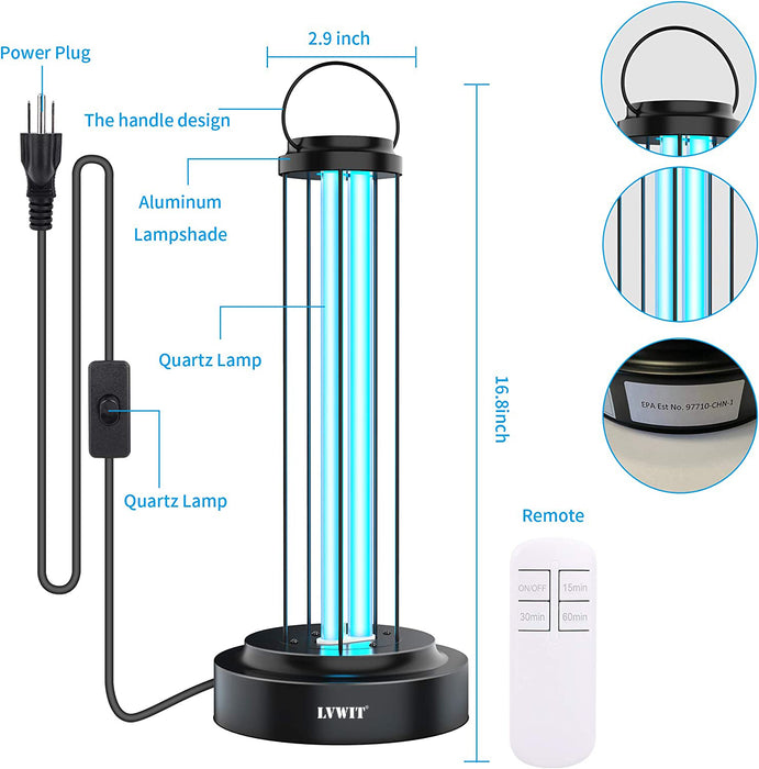 LVWIT Ultraviolet Germicidal UV Lamp 110V 38W Sterilization with Three-Step Timing Remote Control for Household Disinfection Living Room Bedroom Household