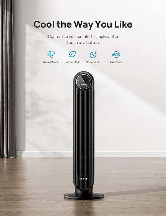 LVWIT Tower Fan with Remote, 24ft/s Velocity Quiet Cooling Fan, 90° Oscillating Fan with 4 Speeds, 4 Modes, 8H Timer, Bladeless Fan, Standing Floor Fans, Black