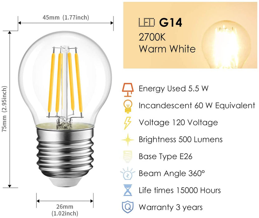 E26 LED Globe Bulbs, 500Lm G14