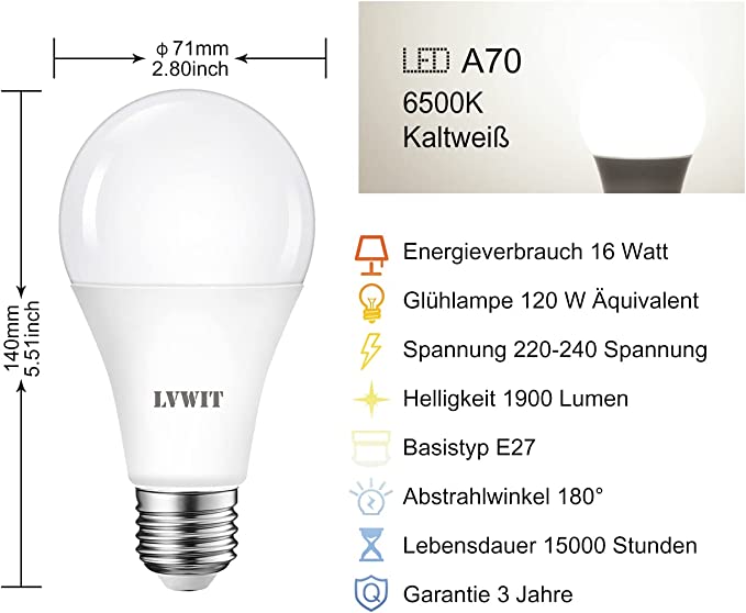E27 LED Glühbirne, 1900Lm A75 6500K