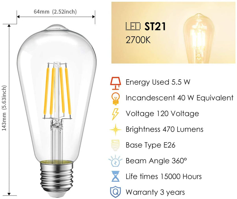 E26 Vintage Edison Light Bulb, 470Lm ST21