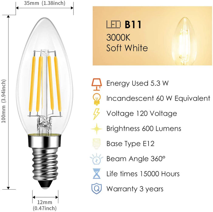 E12 LED Light Bulbs, 600Lm B11