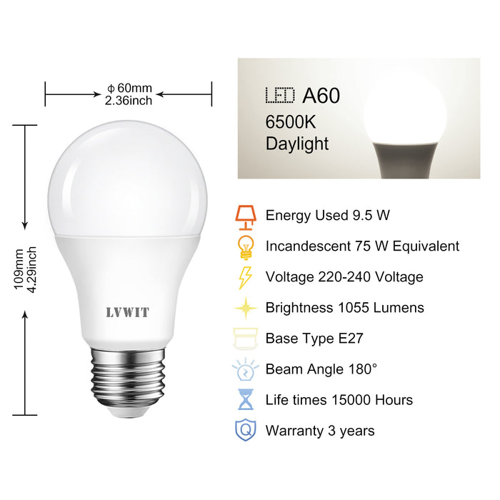 E27 LED Light Bulbs, 1055Lm A60 6500K